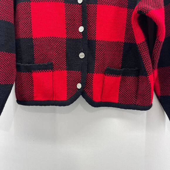 Vintage Tally-Ho‎ Red Black Plaid Knitted Cardigan Sweater Carriage Horse Button - Picture 5 of 6